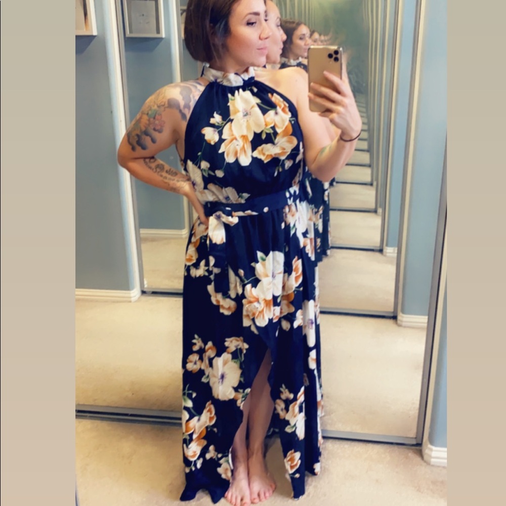 Navy high neck floral dress